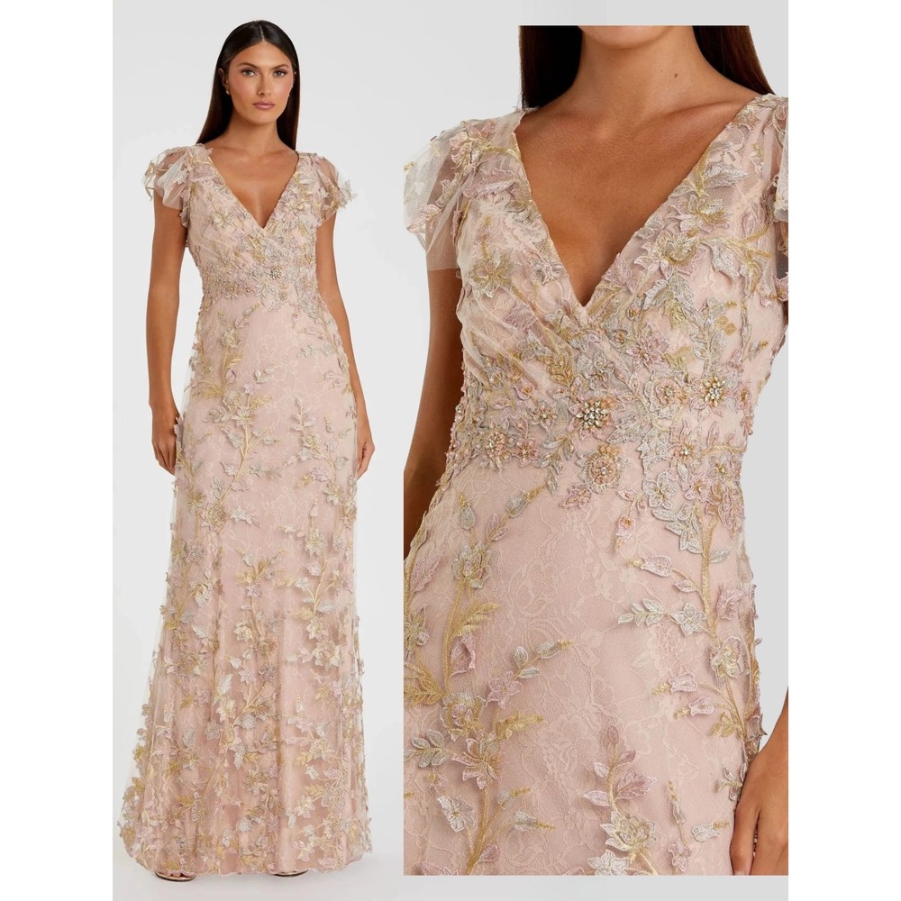 NWT Mac Duggal Pink Embroidered Applique Wrap Over Flutter Sleeve Gown - Size 8